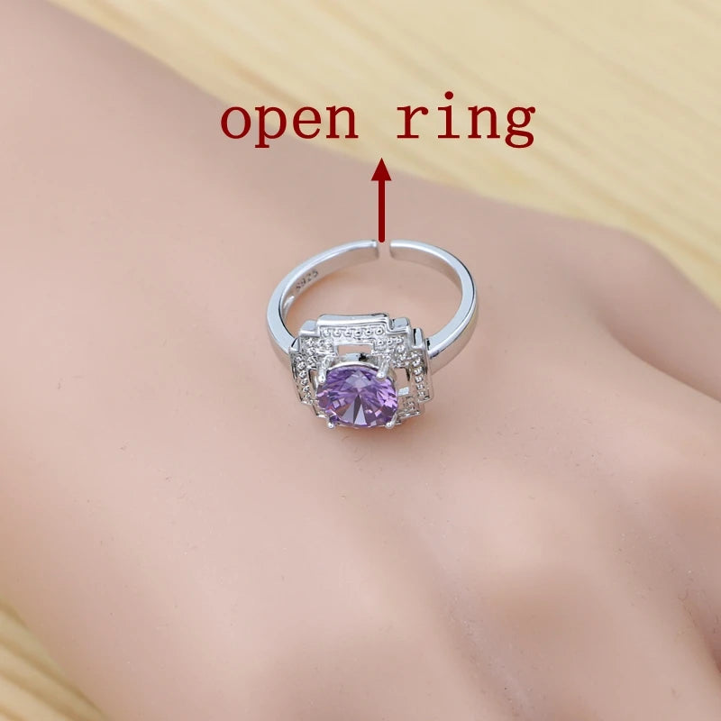 925 Sterling Silver Jewelry Set Round Amethyst Earrings Adjustable Ring Pendant Necklace Bracelet for Women