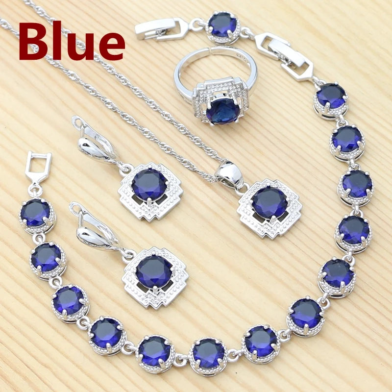 925 Sterling Silver Jewelry Set Round Amethyst Earrings Adjustable Ring Pendant Necklace Bracelet for Women