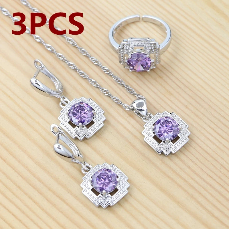 925 Sterling Silver Jewelry Set Round Amethyst Earrings Adjustable Ring Pendant Necklace Bracelet for Women