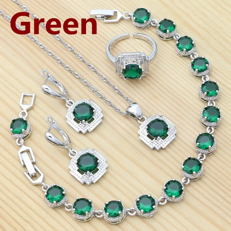 925 Sterling Silver Jewelry Set Round Amethyst Earrings Adjustable Ring Pendant Necklace Bracelet for Women