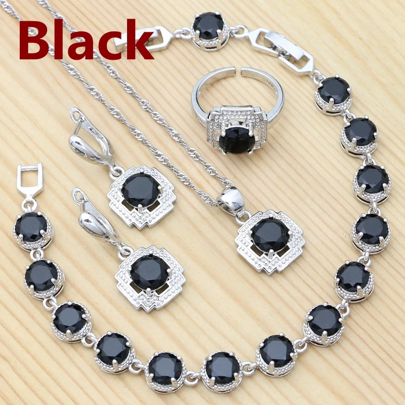 925 Sterling Silver Jewelry Set Round Amethyst Earrings Adjustable Ring Pendant Necklace Bracelet for Women