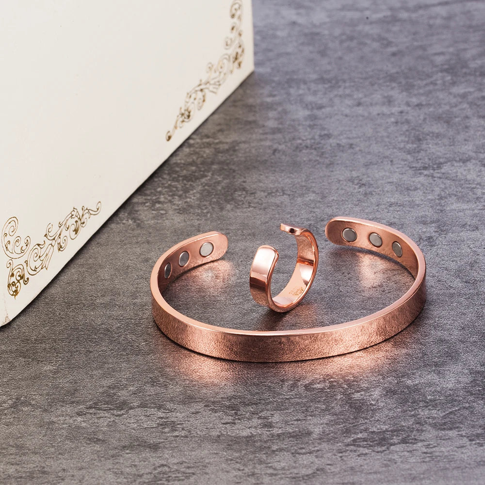Vinterly Magnetic Jewelry Sets Female Healing Energy Pure Copper Cuff Adjustable Ring Bangle Set Wedding Jewelry Sets for Women