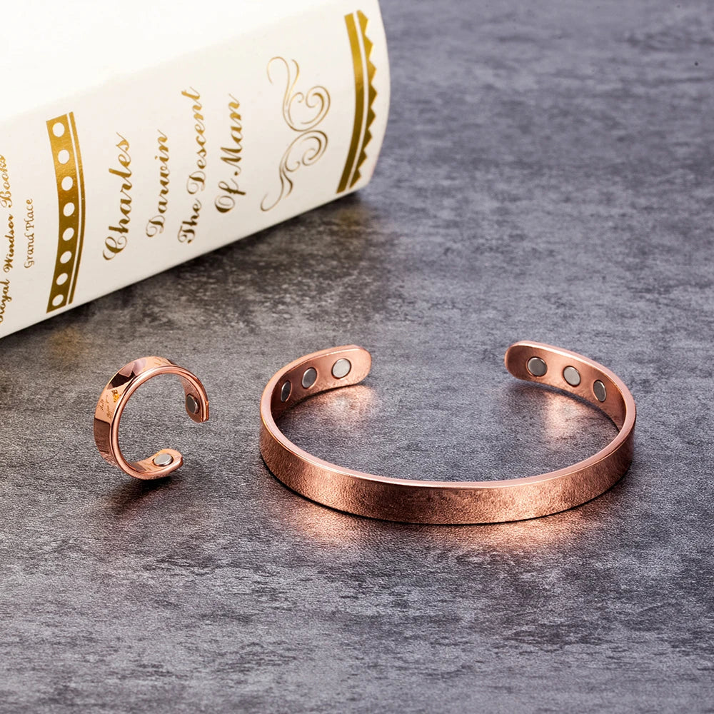 Vinterly Magnetic Jewelry Sets Female Healing Energy Pure Copper Cuff Adjustable Ring Bangle Set Wedding Jewelry Sets for Women