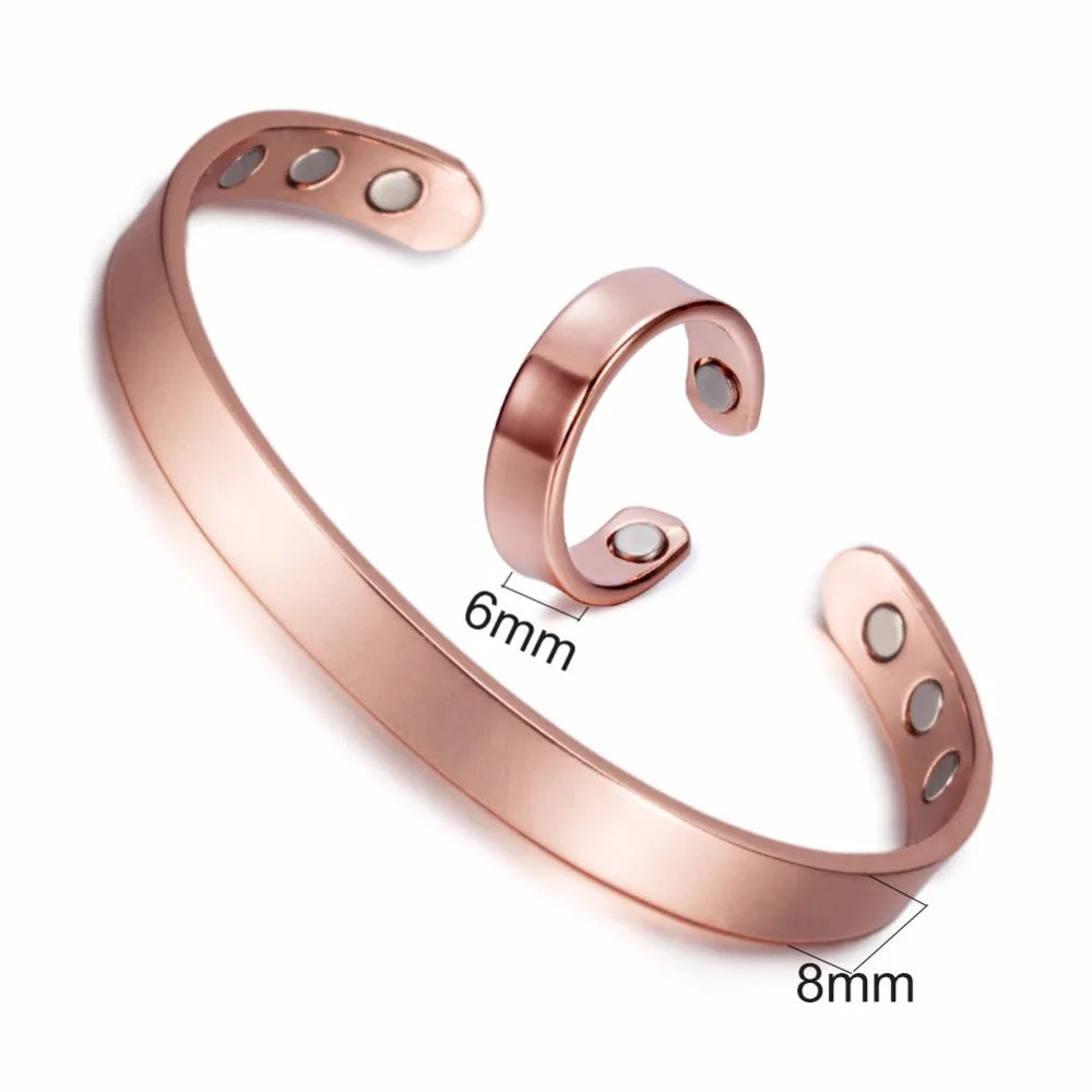 Vinterly Magnetic Jewelry Sets Female Healing Energy Pure Copper Cuff Adjustable Ring Bangle Set Wedding Jewelry Sets for Women