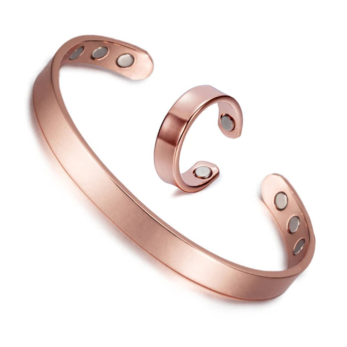 Vinterly Magnetic Jewelry Sets Female Healing Energy Pure Copper Cuff Adjustable Ring Bangle Set Wedding Jewelry Sets for Women