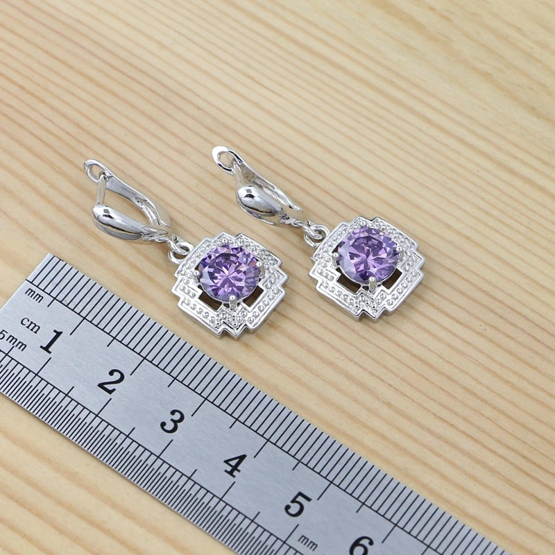 925 Sterling Silver Jewelry Set Round Amethyst Earrings Adjustable Ring Pendant Necklace Bracelet for Women