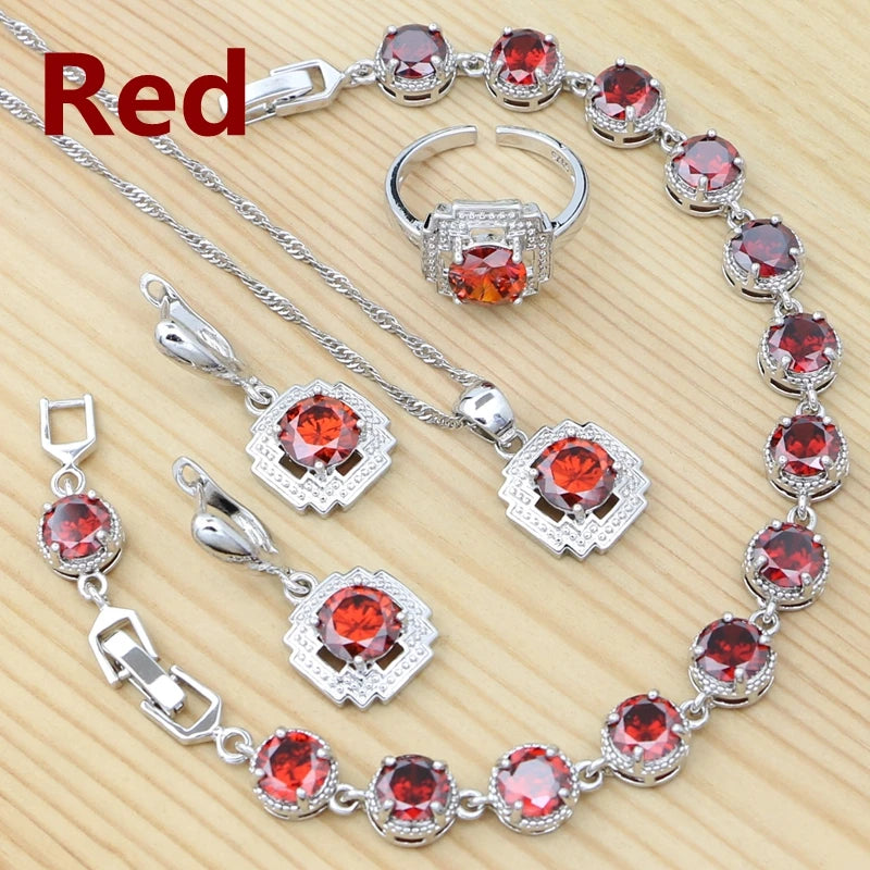925 Sterling Silver Jewelry Set Round Amethyst Earrings Adjustable Ring Pendant Necklace Bracelet for Women