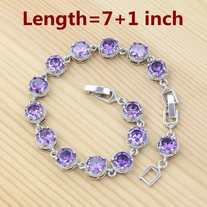 925 Sterling Silver Jewelry Set Round Amethyst Earrings Adjustable Ring Pendant Necklace Bracelet for Women