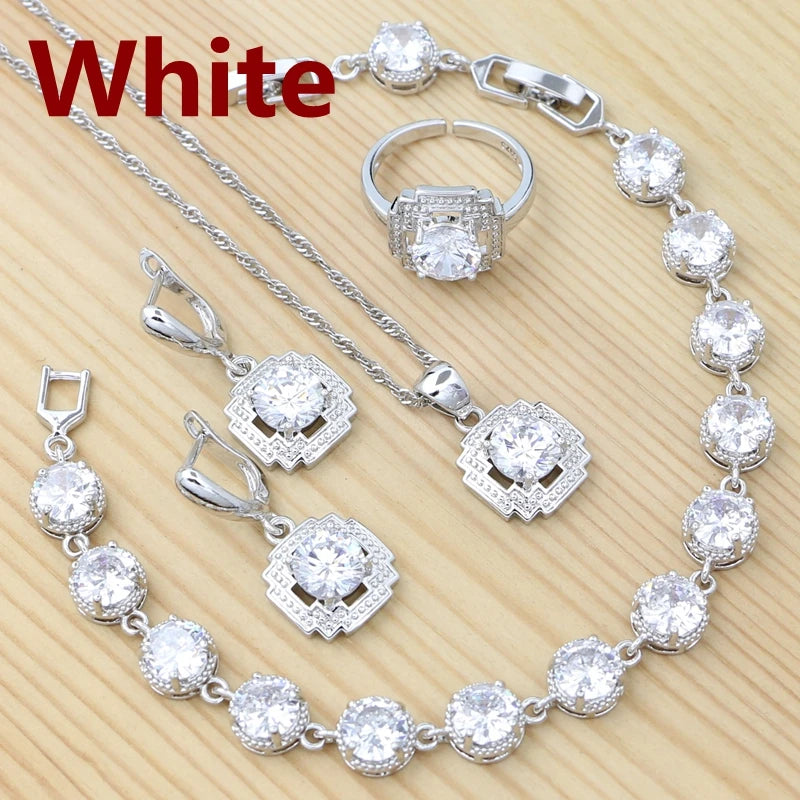 925 Sterling Silver Jewelry Set Round Amethyst Earrings Adjustable Ring Pendant Necklace Bracelet for Women
