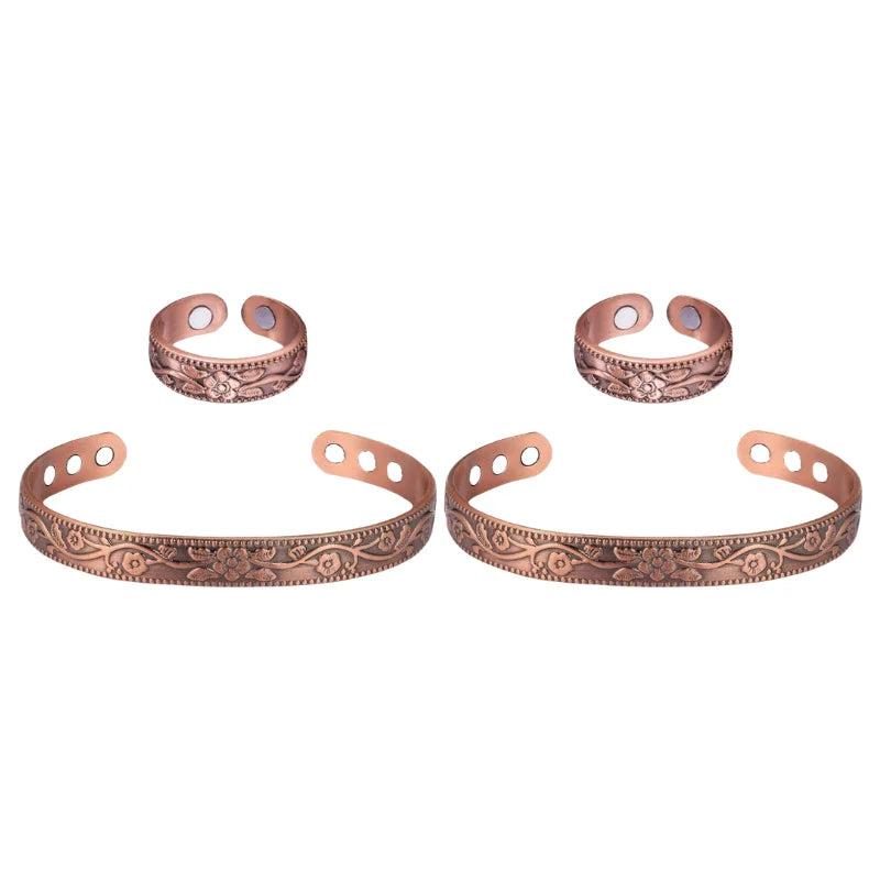 Vintage Flower Ring Bracelet Set Adjustable Magnets Cuff Banglse Arthritis Relief Pure Copper Bracelets Energy Jewelry Women Men