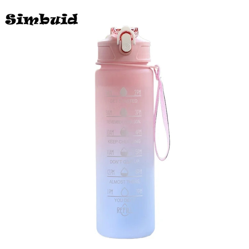 600ML/750ML/1000ML Sports Bottle with Time Scale Outdoor Gradient Color Drinking Bottle Portable Fitness Motivational Straw Mug