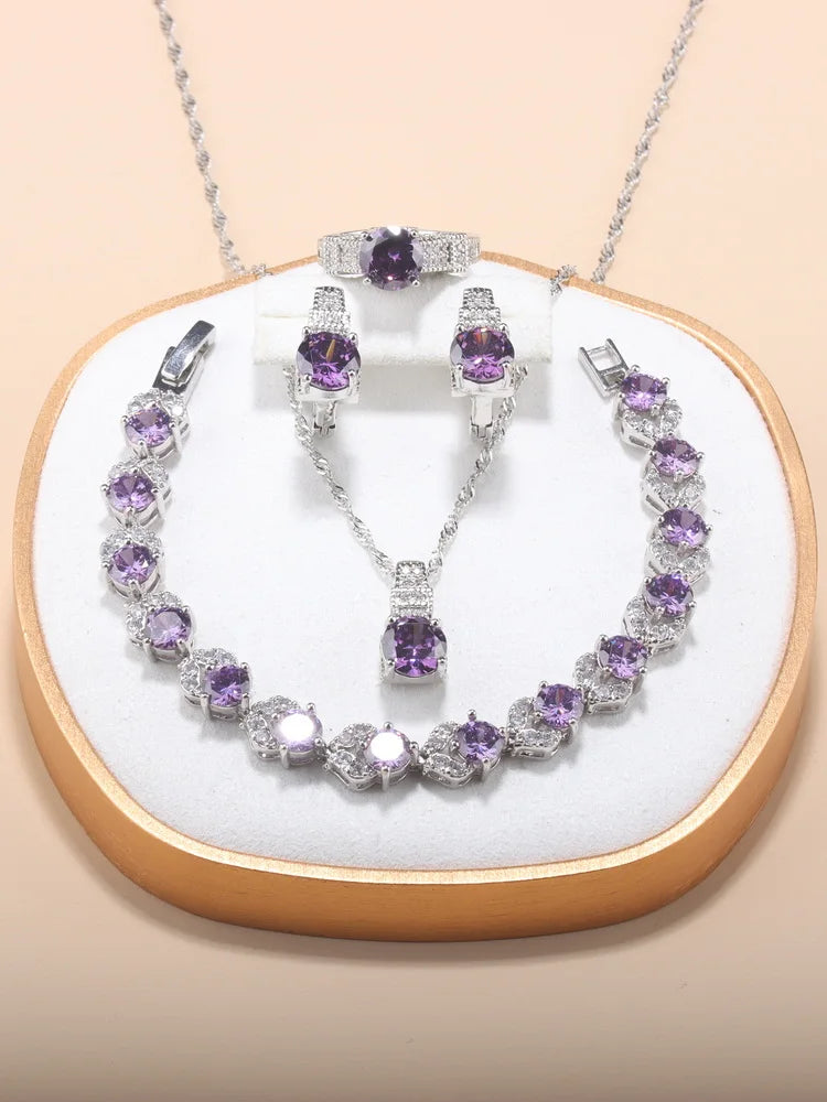 Fine Jewelry Silver 925 Fashion Party Women Dress Accessories CZ Hoop Earrings Necklace Bracelet Adjustable Ring 5-Piece Sets