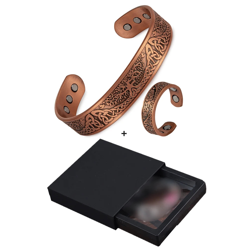 Magnetic Pure Copper Jewelry-Set Yggdrasil Adjustable Vintage Bracelet Ring Resizable Health Viking Jewelry Set for Women Men