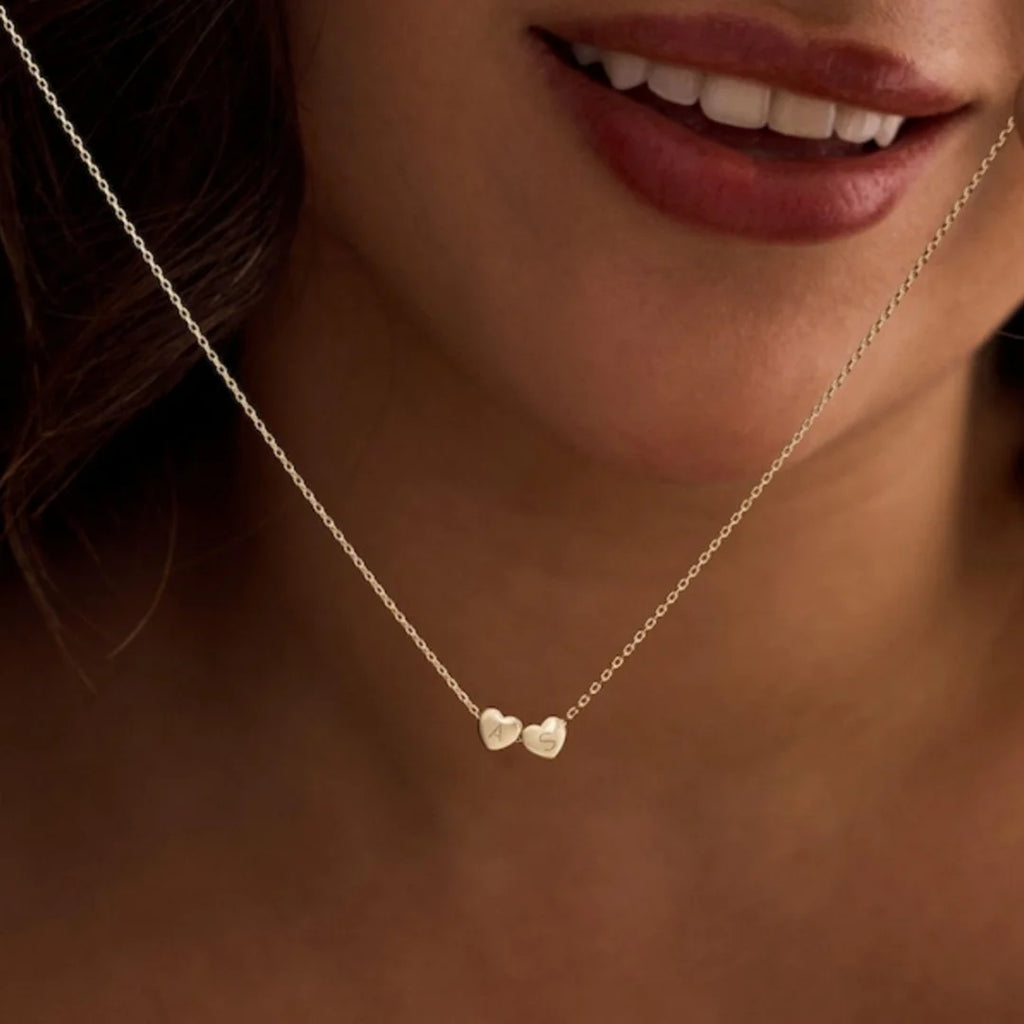 Custom Tiny 3D Initial Heart Charm Necklace Gold Letter Stainless Steel Family Necklace, Minimalist  Womens  Christmas Gift