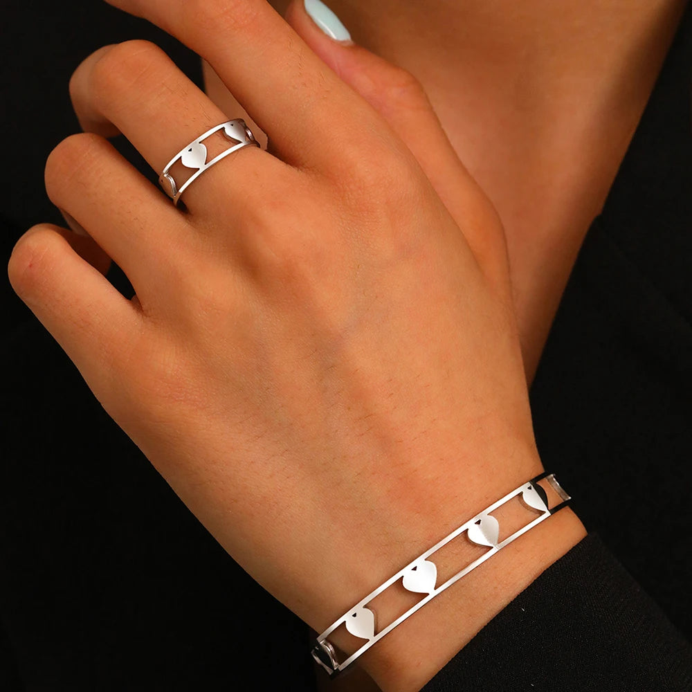 DOTIFI Stainless Steel Heart Bracelet Ring Jewelry Set Opening Adjustable Fashion Simple Commuter Hand Jewelry Women Party Gifts
