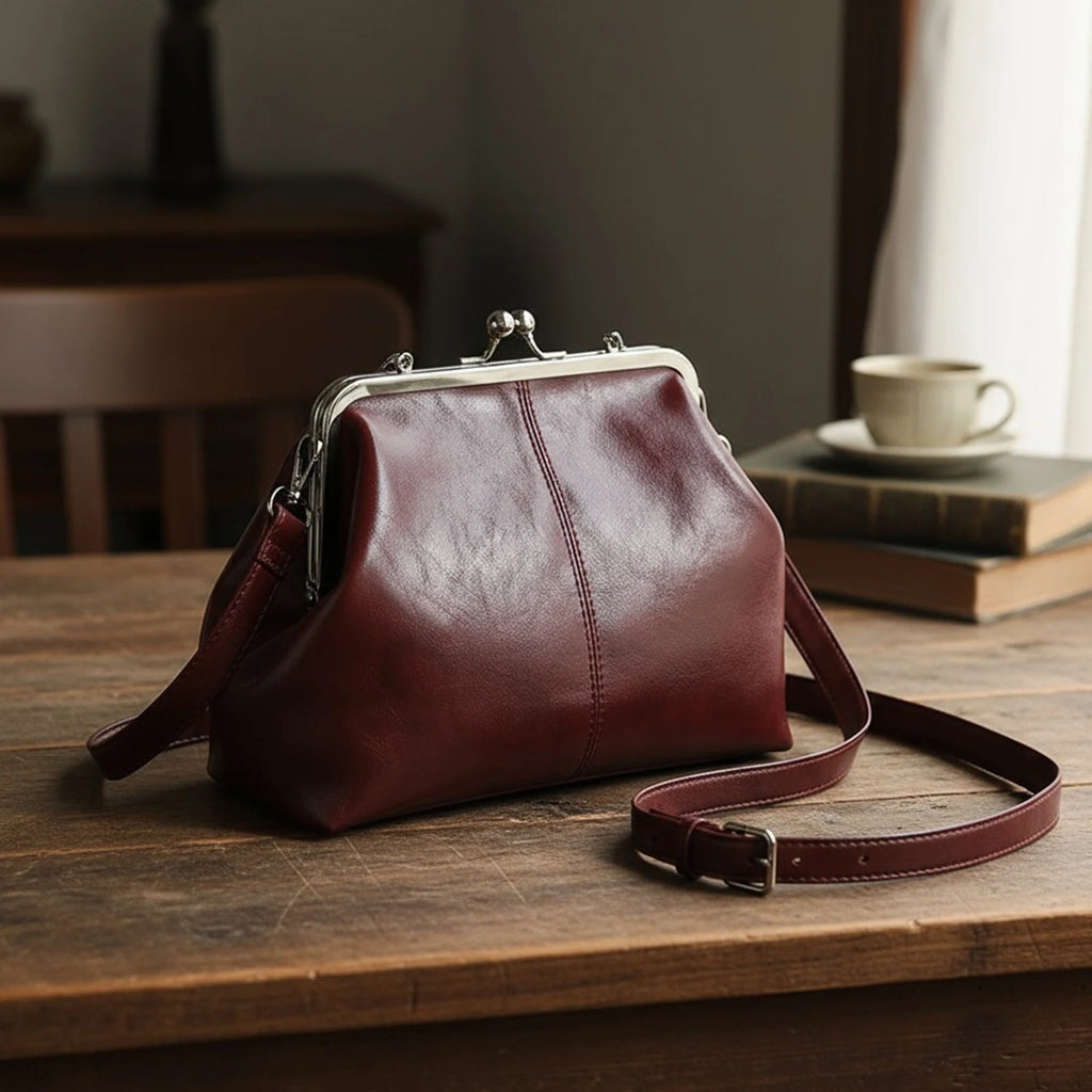 Women Girls PU Leather Large Capacity Shoulder Bag Adjustable Strap One Shoulder Crossbody Bag Elegant Kiss Lock Shoulder Bag