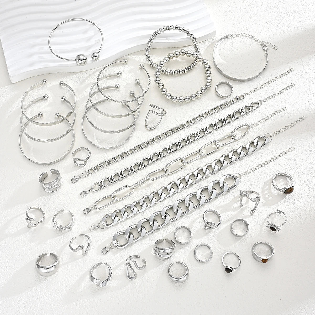 37Pcs Silver Stackable Jewelry Set For Women Minimalist Trendy Layered Chain Bangle Adjustable Finger Ring Party Daily Wear Gift