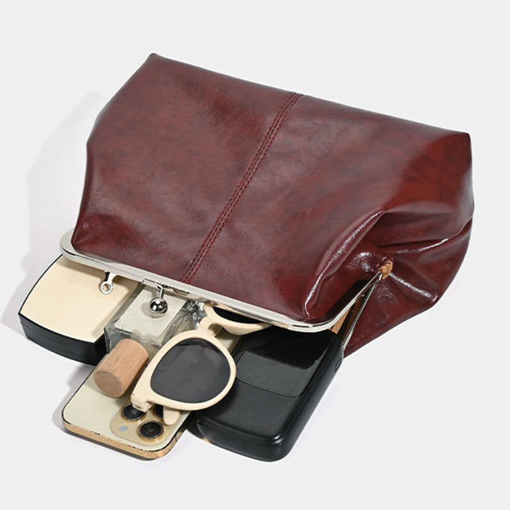 Women Girls PU Leather Large Capacity Shoulder Bag Adjustable Strap One Shoulder Crossbody Bag Elegant Kiss Lock Shoulder Bag