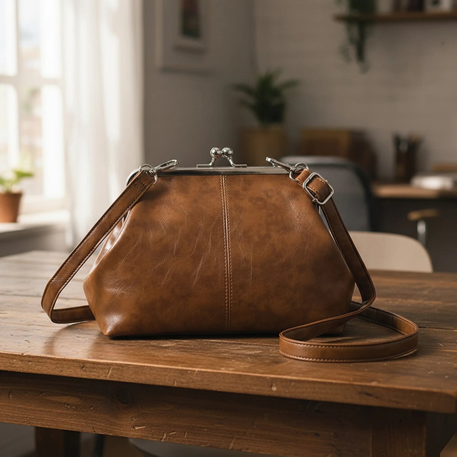 Women Girls PU Leather Large Capacity Shoulder Bag Adjustable Strap One Shoulder Crossbody Bag Elegant Kiss Lock Shoulder Bag