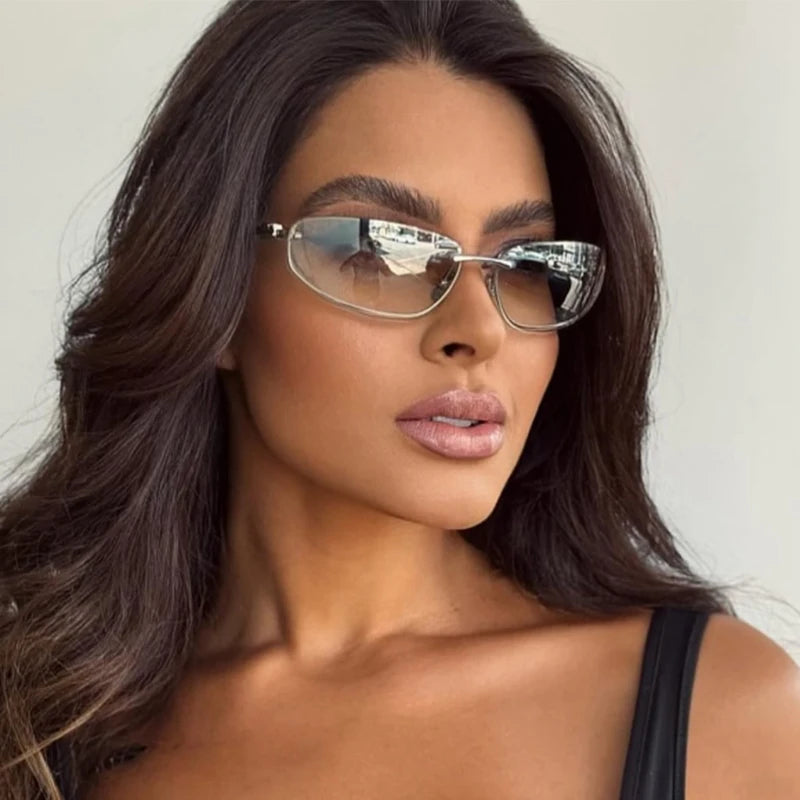 New Y2K Sunglasses For Women High Quality Oval Fashion Luxury Brand Rimless Glasses Trendy Woman Alloy Ladies Shades Eyewear