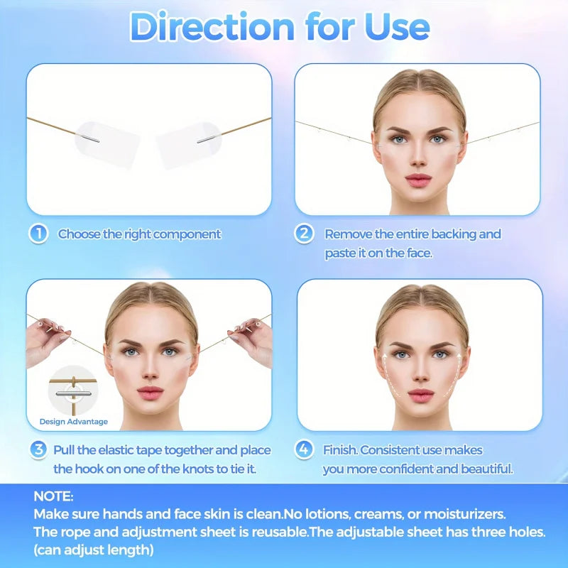 Invisible Facial Tape Set with 4 Adjustable Elastic Bands, Reusable Unscented Skin Stickers for Neck, Jawline & Double Chin