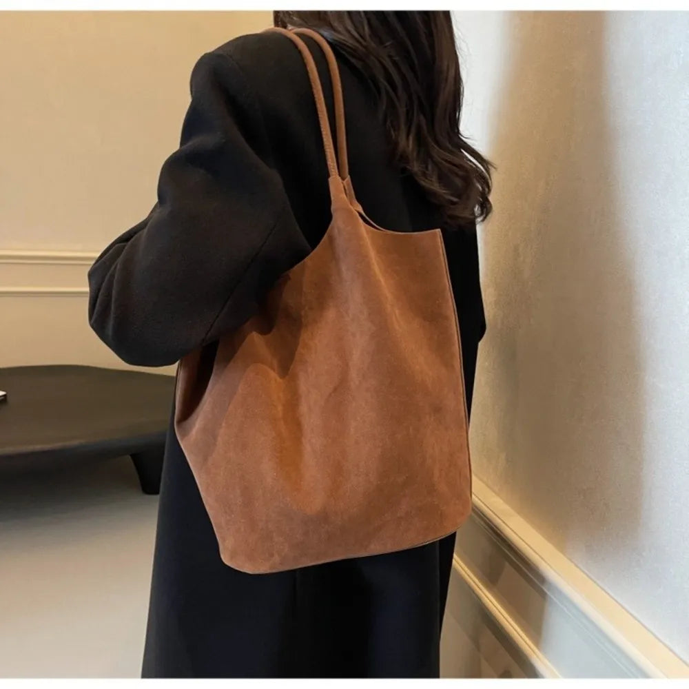 Elegant Retro Underarm Bag Faux Suede Large Capacity Satchel Bag including 1 Small Handbag Solid Color Tote Purse for Women