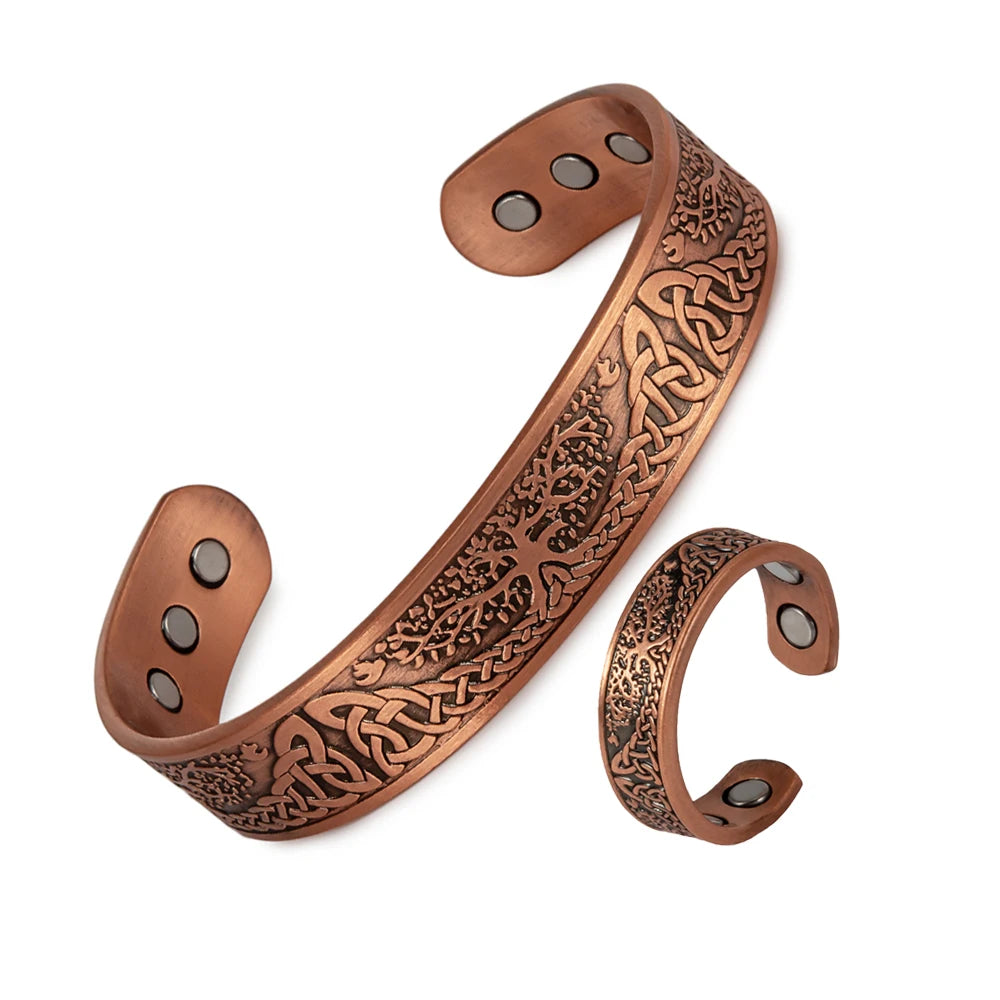 Magnetic Pure Copper Jewelry-Set Yggdrasil Adjustable Vintage Bracelet Ring Resizable Health Viking Jewelry Set for Women Men