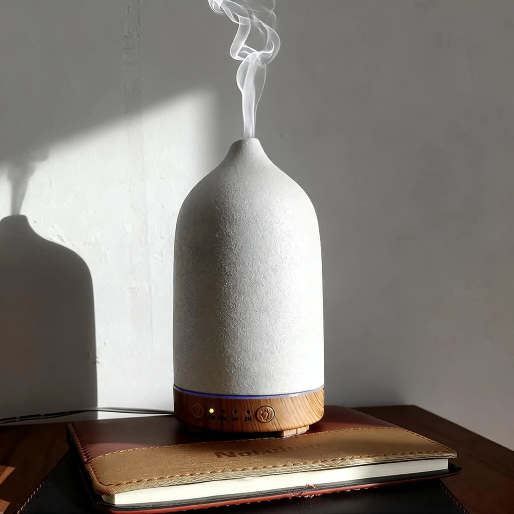 100ml Ceramic Essential Oil Diffuser for Bedroom Home Office Ultrasonic Humidifier Aroma Diffuser with 7 Colors Night Light