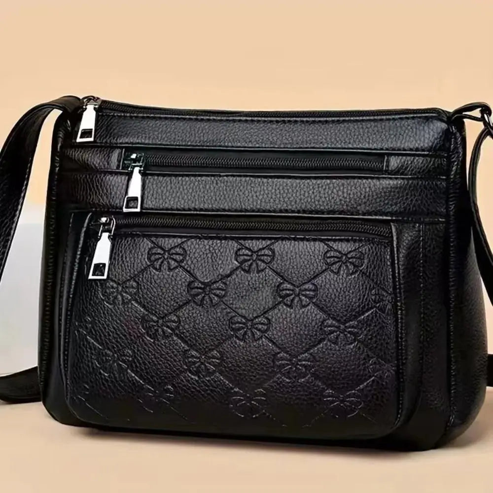 Leisure PU Leather Buying Vegetable Bag Large Capacity Multi-layer Shoulder Messenger Bag Black Crossbody Bag Woman