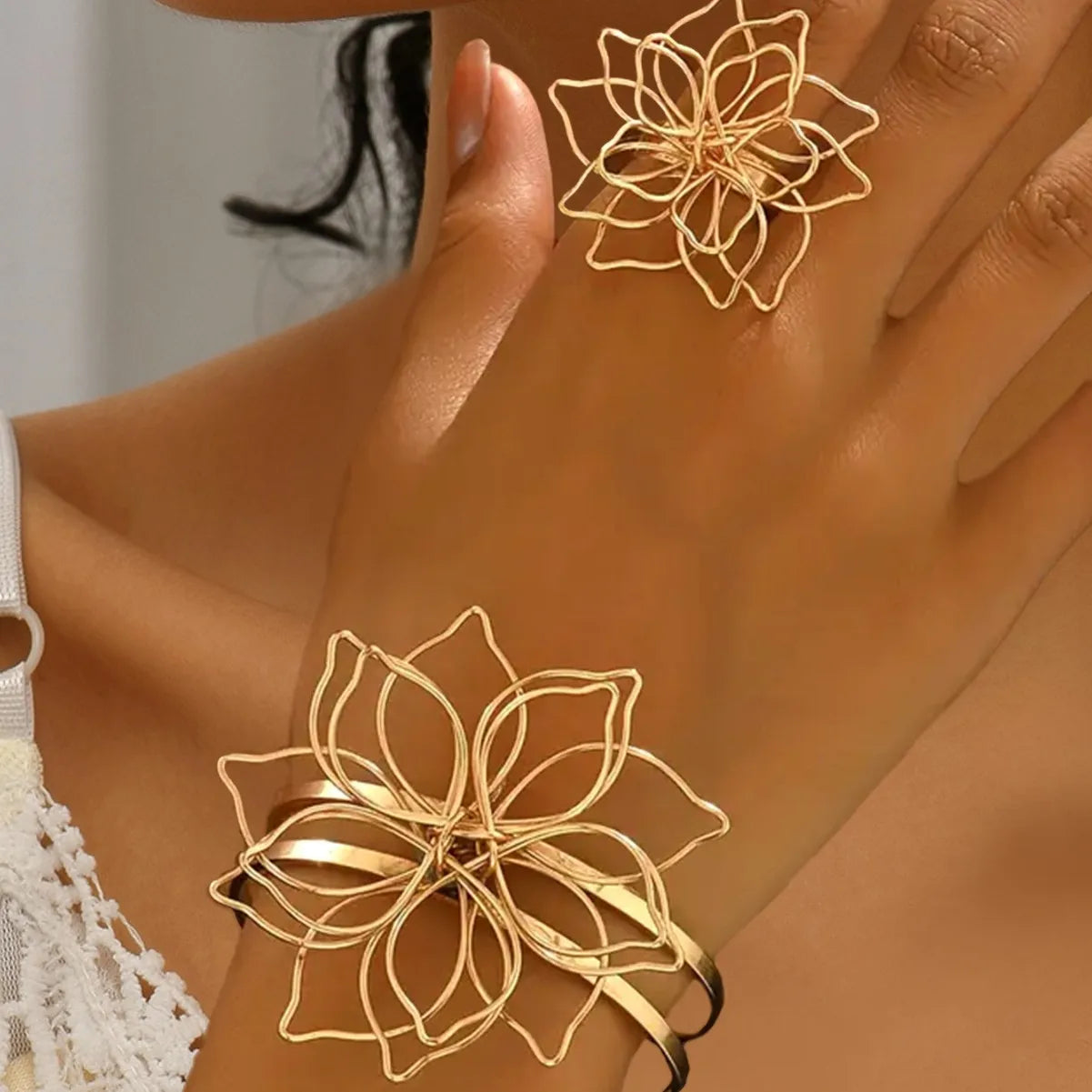 1 set of exaggerated hollow line woven flower ring bracelet set with adjustable opening jewelry for women