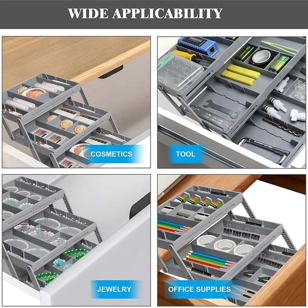 2/3 Tier Foldable Drawer Organizer Expandable Desk Organizer Trays with Adjustable Compartments for Office,Kitchen Supplies