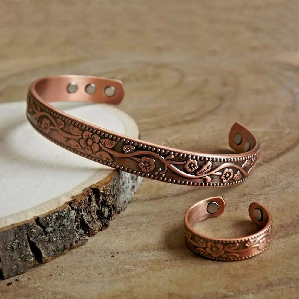 Vintage Flower Ring Bracelet Set Adjustable Magnets Cuff Banglse Arthritis Relief Pure Copper Bracelets Energy Jewelry Women Men