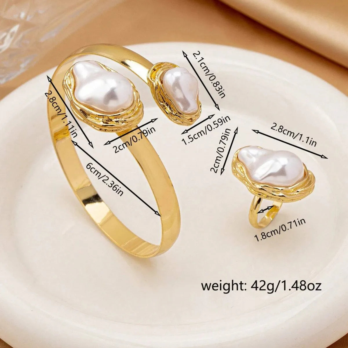 Simple Imitation Pearl Opening Adjustable Bracelet Ring Set For Women Gold Color Irregular Pearl Jewelry Party Wedding Gifts