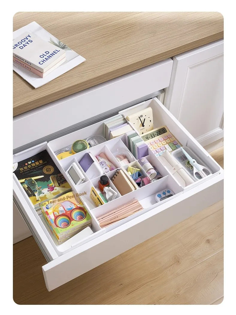 Adjustable 4-way expandable drawer organizer for kitchen utensils—versatile, large-capacity home storage box