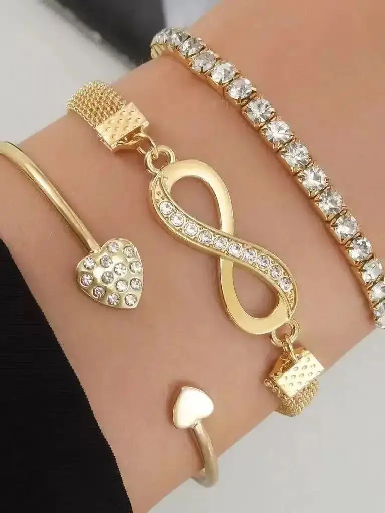 3PCS set Fashionable Retro Heart-Shaped Bright Diamond Bracelet With Geometric Adjustable Infinite Cuffs Bracelet Bead Jewelry