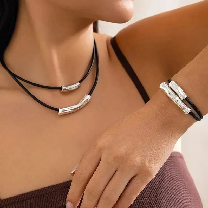 Multilayer Black Leather Adjustable Necklace Charm Bracelet for Women Daily Aesthetic Party Jewelry Set Gift