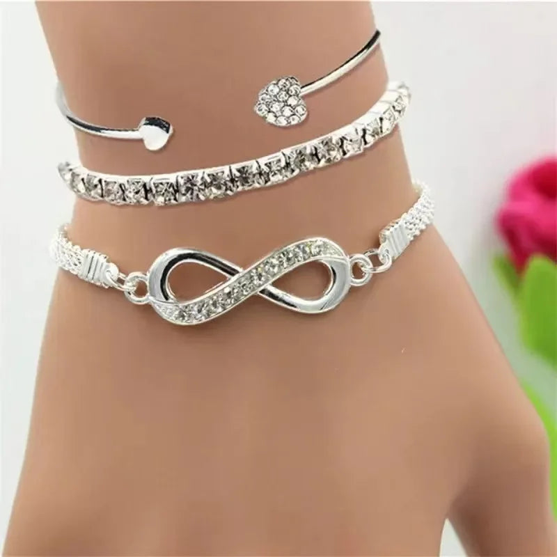 3PCS set Fashionable Retro Heart-Shaped Bright Diamond Bracelet With Geometric Adjustable Infinite Cuffs Bracelet Bead Jewelry