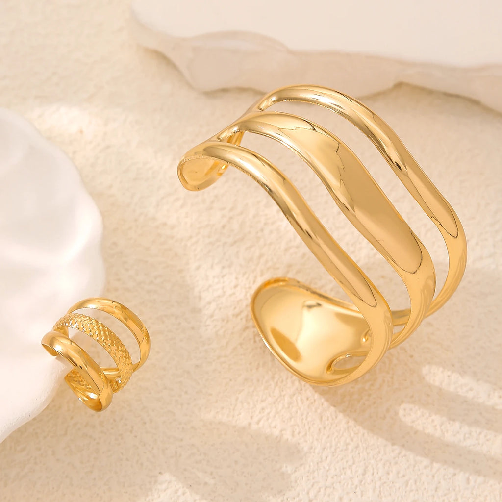 Fashion Jewelry Set Simple Three-layer Hollow Geometric Bracelet Adjustable Bracelet Ring Women's Punk Daily Wear Party Gift