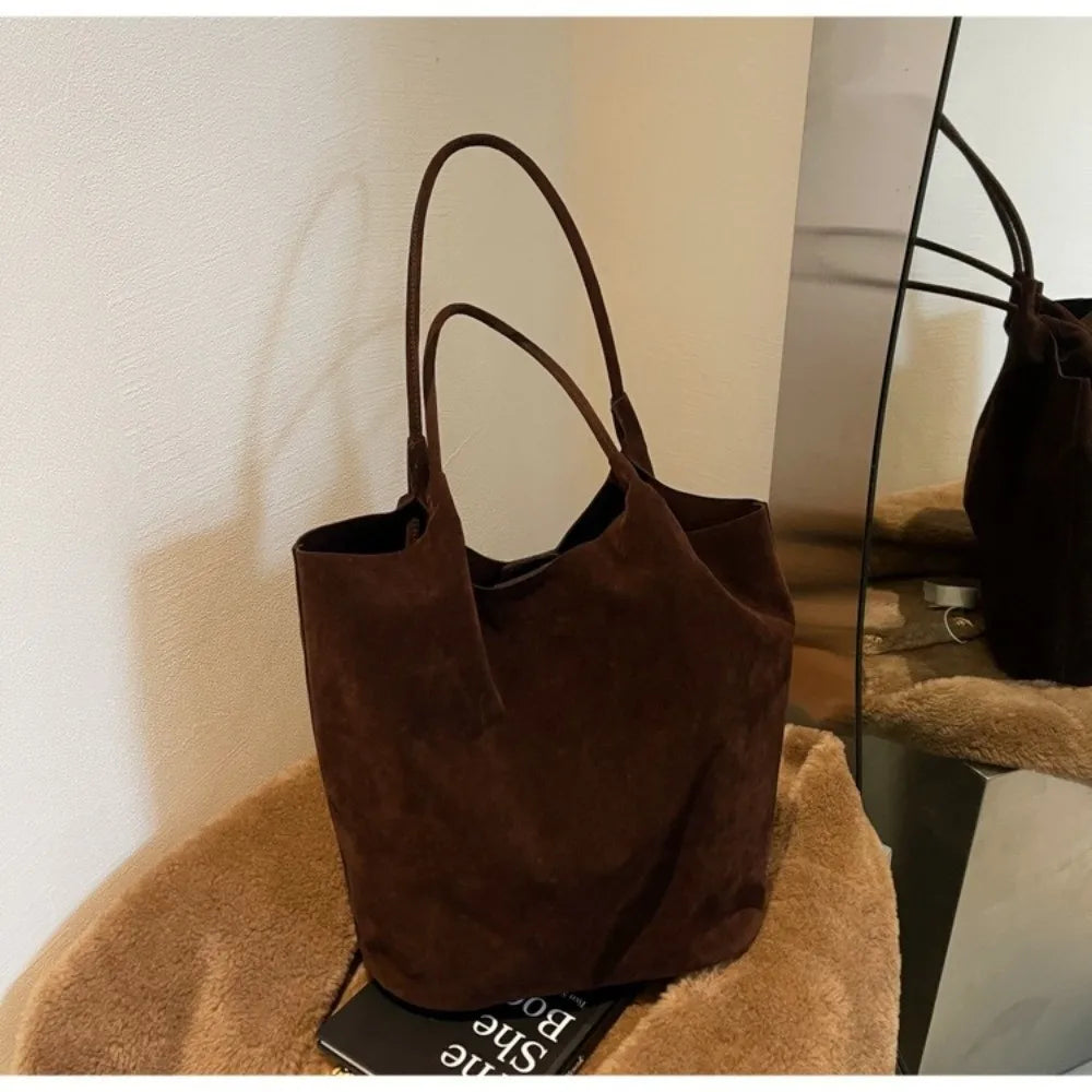 Elegant Retro Underarm Bag Faux Suede Large Capacity Satchel Bag including 1 Small Handbag Solid Color Tote Purse for Women