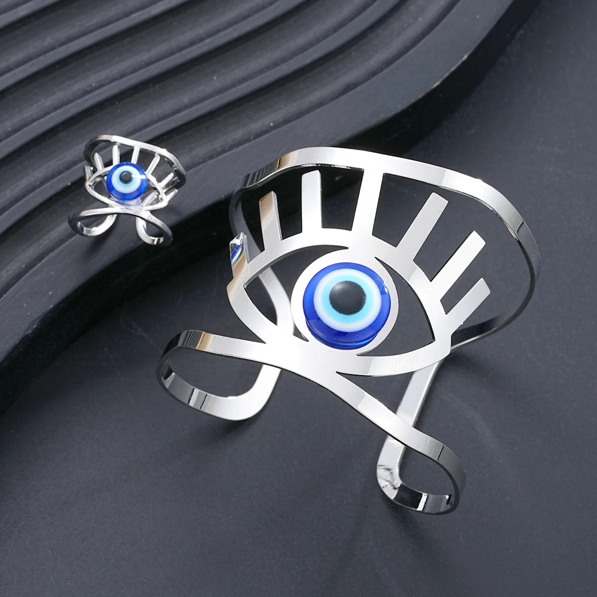 2Pcs/Set Evil Eyes Blue Eye Resin Bracelets Rings For Women Men Fashion Gold Silver Color Open Adjustable Unisex Jewelry Sets
