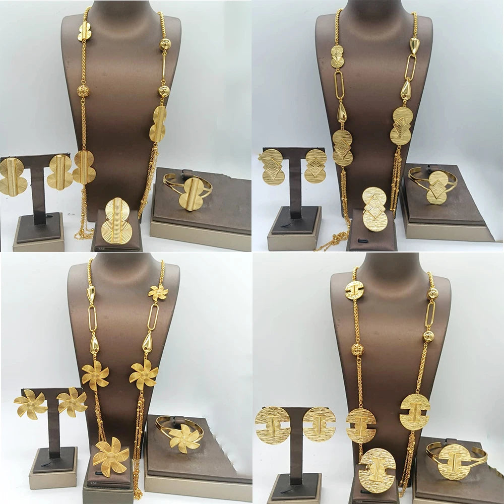 Five Layer Jewelry Set For Women Trendy Long Chain 80cm Necklace Cuff Bangle Adjustable Ring Geometry Earrings Jewelry Accessory