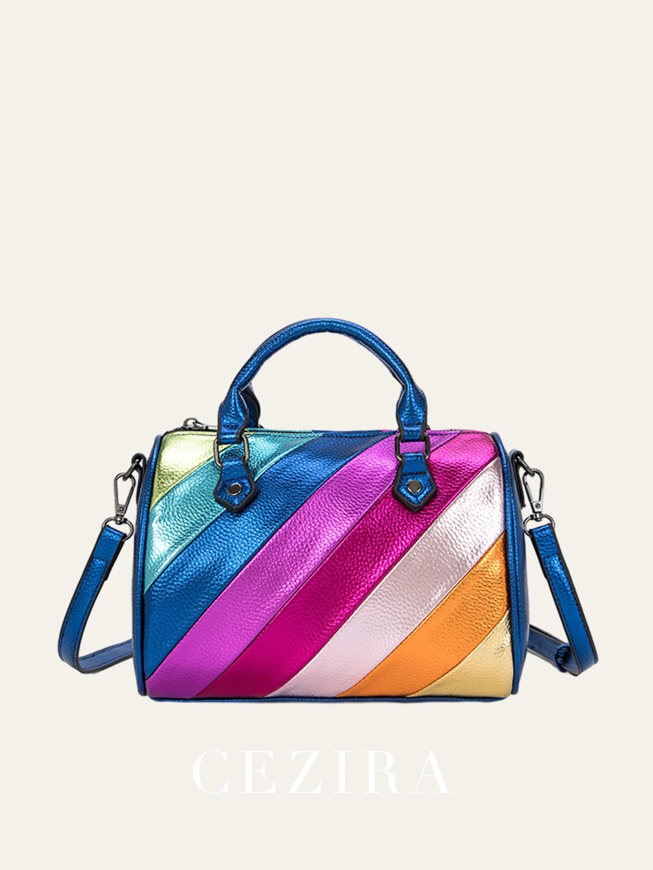 CEZIRA Luxury Metallic PU Vegan Leather Boston Bag Women Fashion Colorful Stripes Patchwork Top-handle Purse Crossbody Handbags