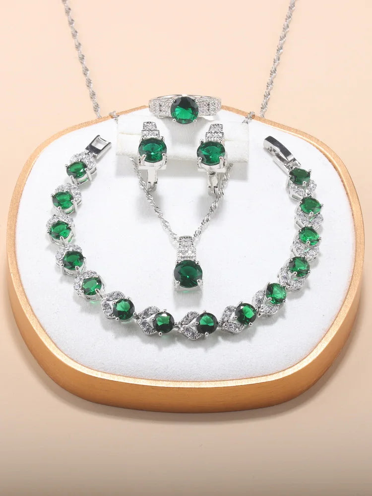 Fine Jewelry Silver 925 Fashion Party Women Dress Accessories CZ Hoop Earrings Necklace Bracelet Adjustable Ring 5-Piece Sets