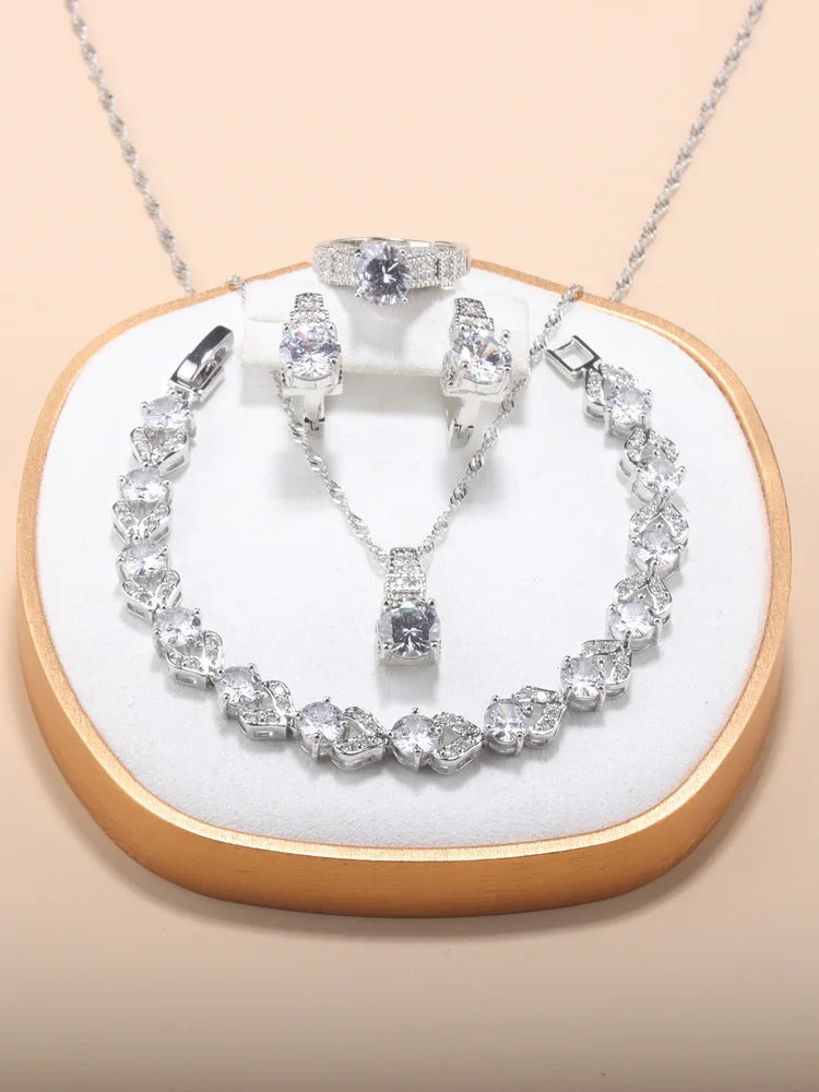 Fine Jewelry Silver 925 Fashion Party Women Dress Accessories CZ Hoop Earrings Necklace Bracelet Adjustable Ring 5-Piece Sets