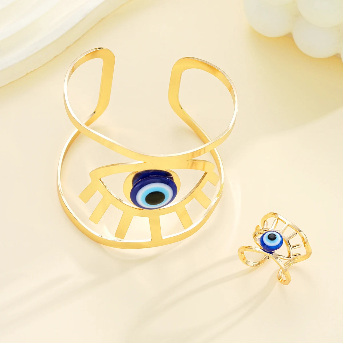 2Pcs/Set Evil Eyes Blue Eye Resin Bracelets Rings For Women Men Fashion Gold Silver Color Open Adjustable Unisex Jewelry Sets