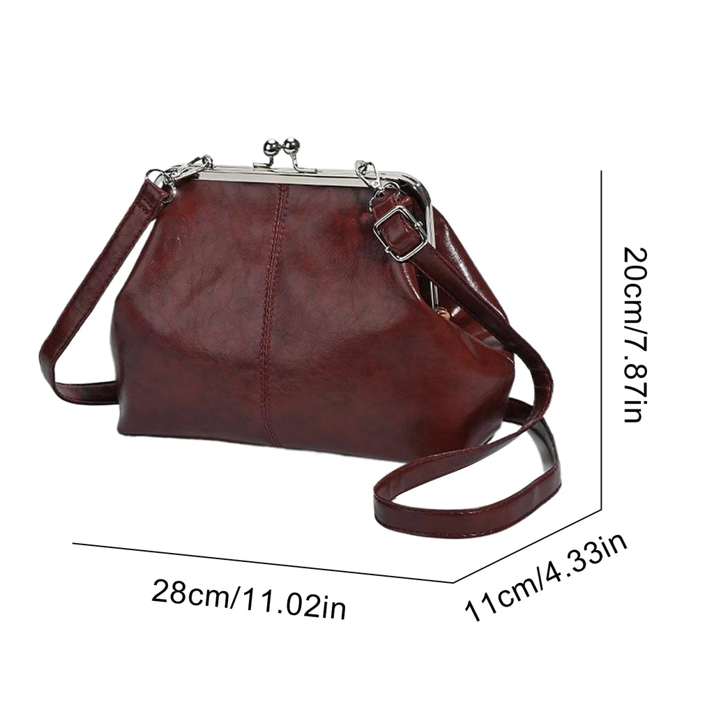 Women Girls PU Leather Large Capacity Shoulder Bag Adjustable Strap One Shoulder Crossbody Bag Elegant Kiss Lock Shoulder Bag