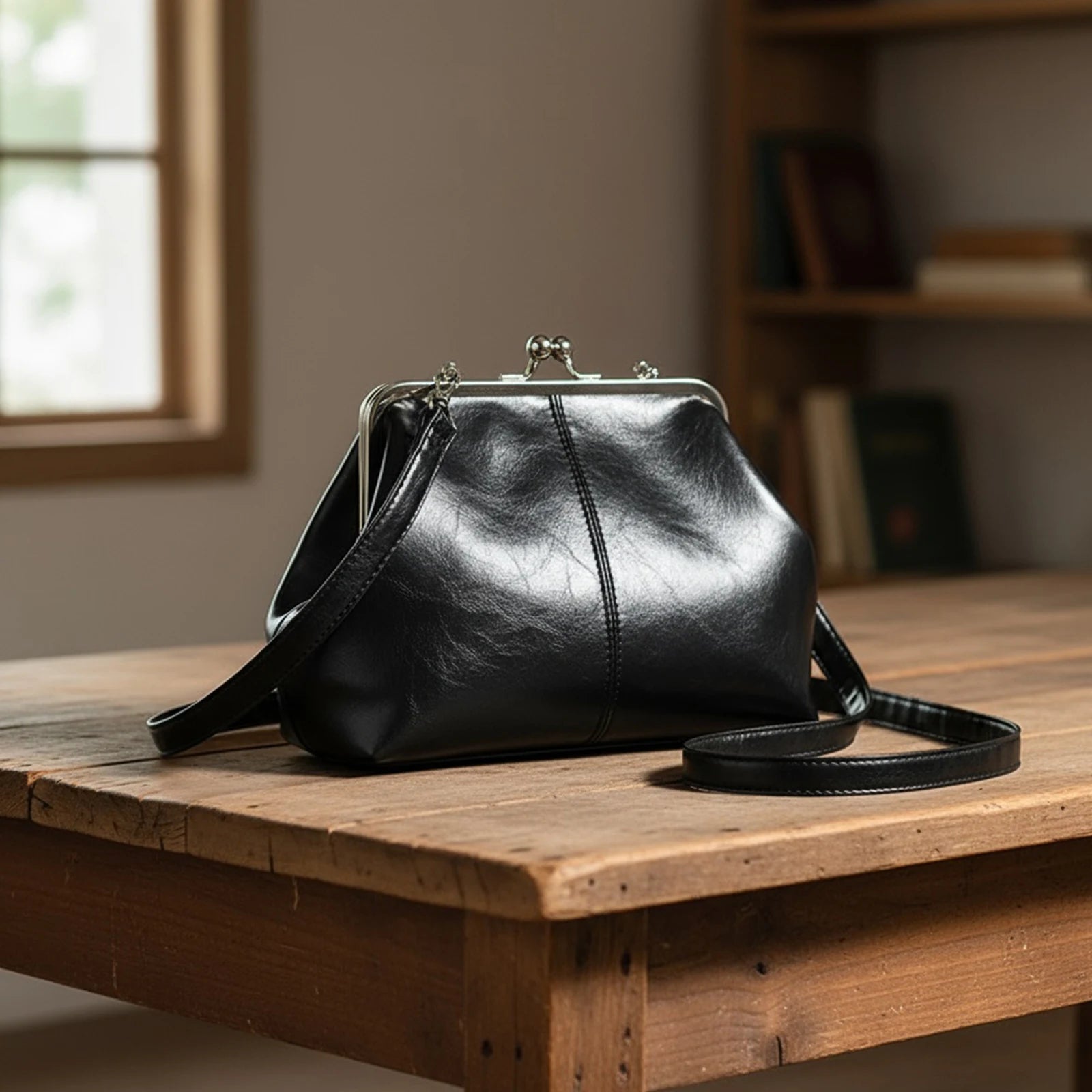 Women Girls PU Leather Large Capacity Shoulder Bag Adjustable Strap One Shoulder Crossbody Bag Elegant Kiss Lock Shoulder Bag