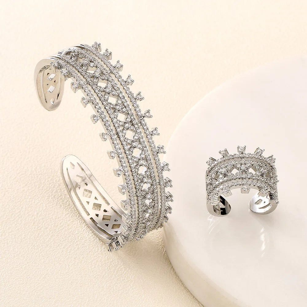 ZAKOL Luxury Shiny AAA Zircon Bracelet Ring Set for Women Adjustable Open Bangle Wedding Jewelry Sets Party Accessories