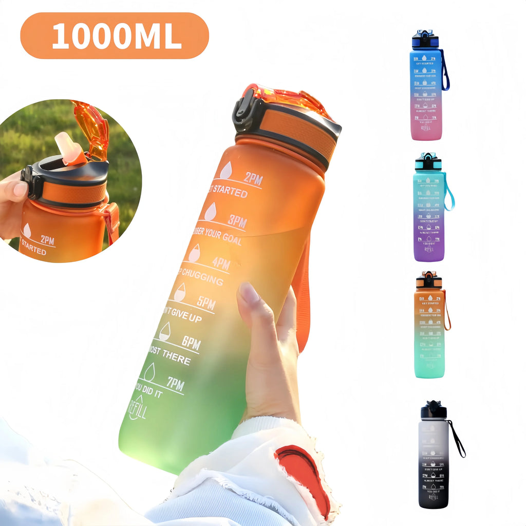 1000ml Water Bottle Gradient Color Motivational Sports Water Bottle with Bouncing Suction Nozzle Leak-proof Cup for Gym, Outdoor
