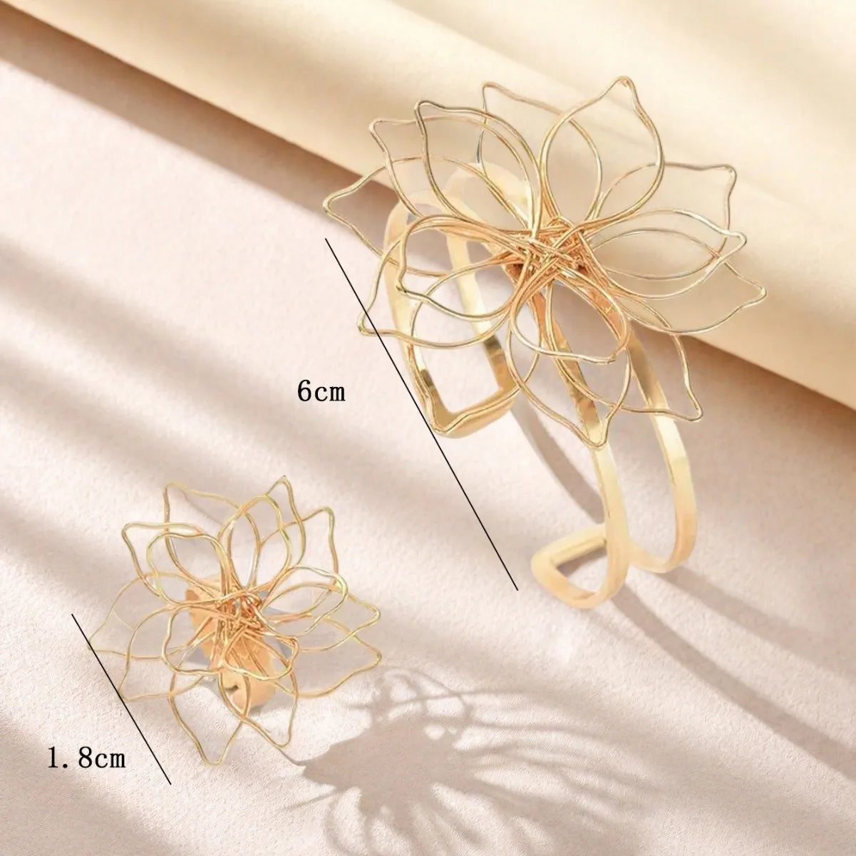 1 set of exaggerated hollow line woven flower ring bracelet set with adjustable opening jewelry for women